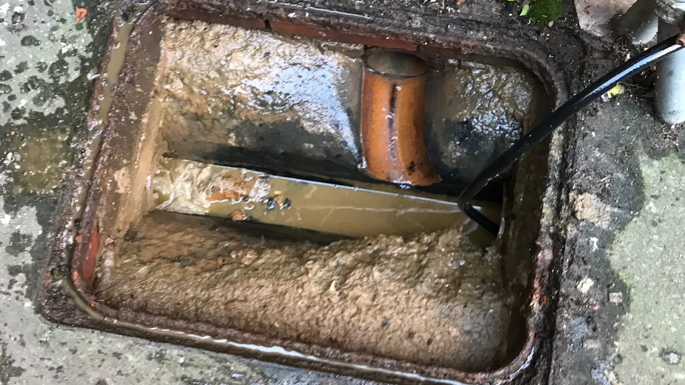 Blocked drain overflowing with sewage